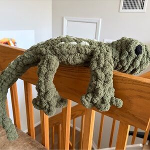Hand Crafted Olive and White Crocheted Dinosaur Plush